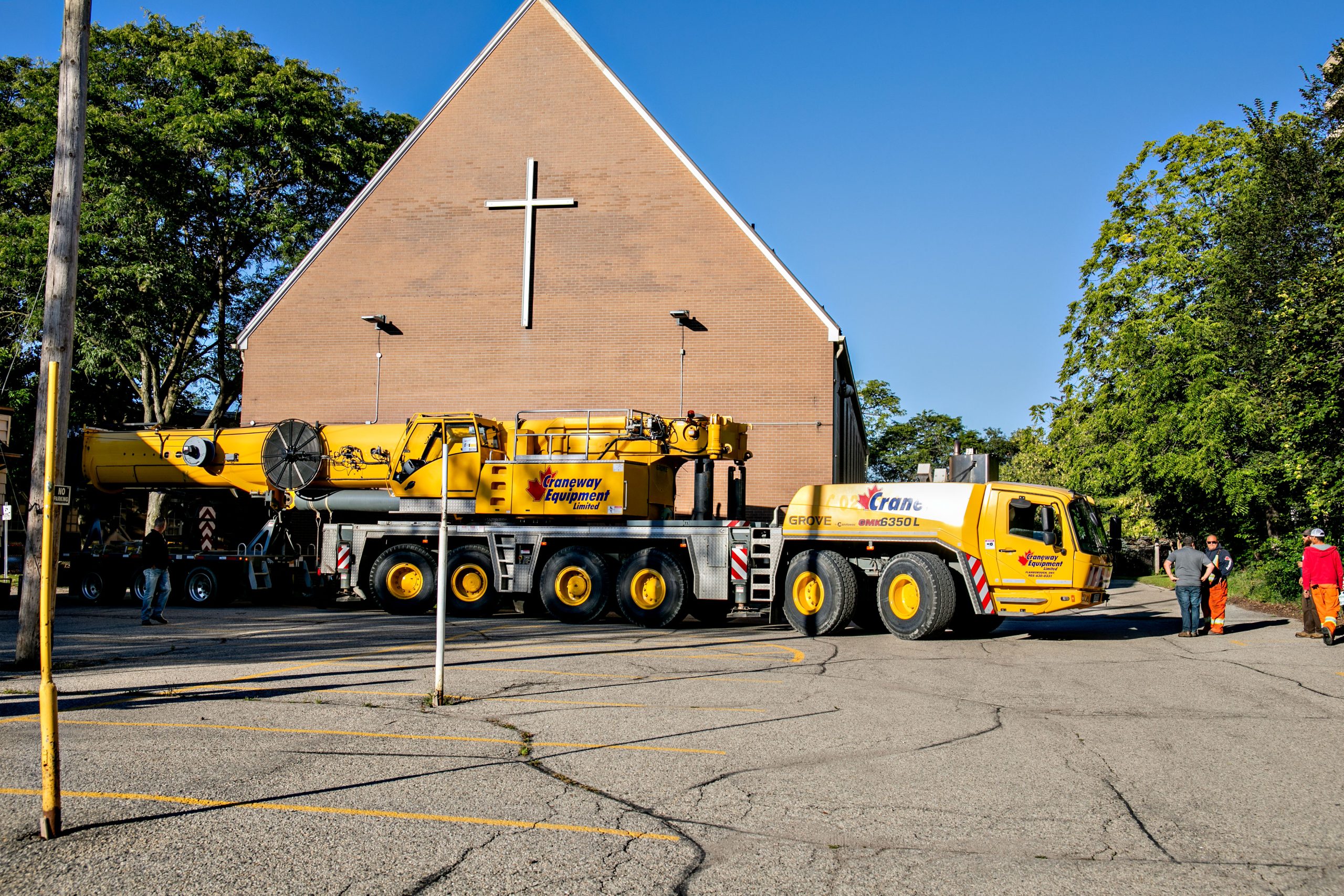 Crane parked in the staging area for the Waterpark Place project.
